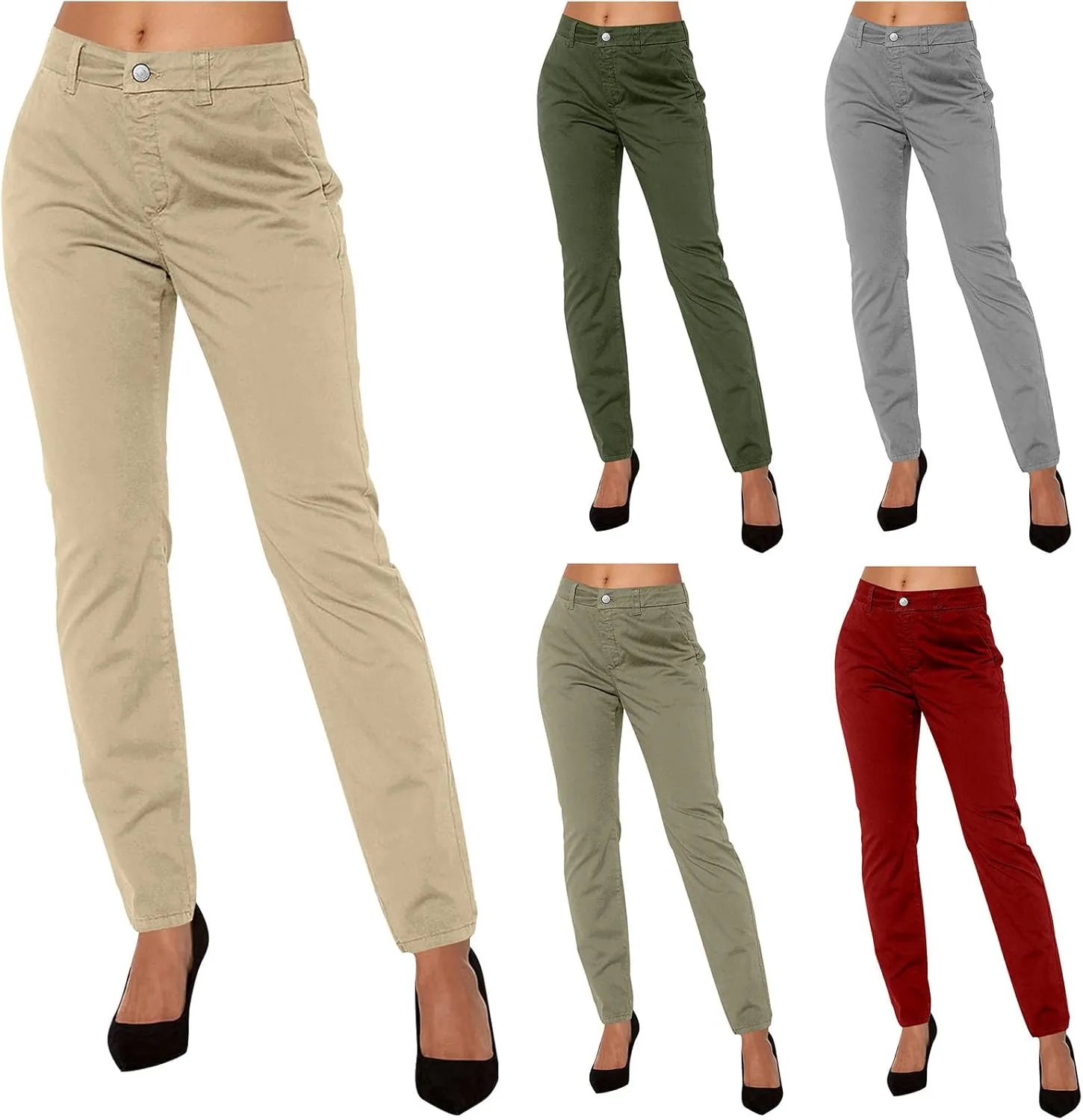 Women's Slim Fit Cargo Pant Work Pants Summer High Waisted Solid Button-On Business Casual Tight Trousers with Pockets