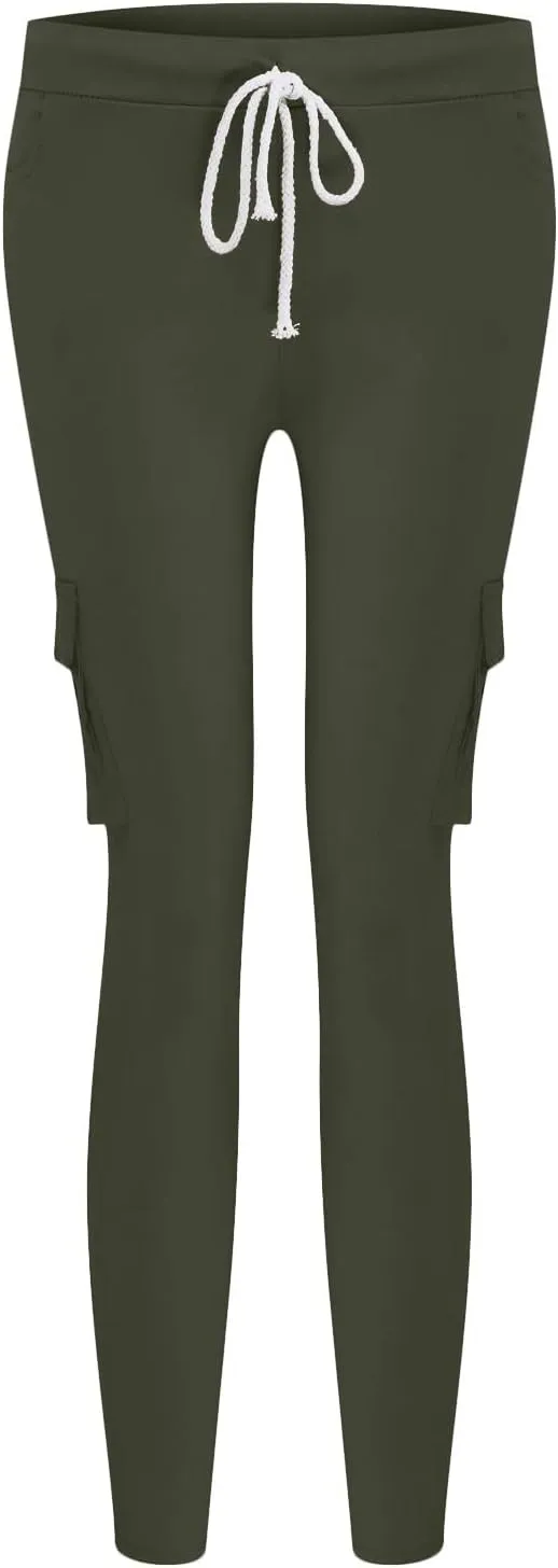 Women's Stretch Skinny Cargo Pants Casual High Waist Drawstring Cargo Joggers Butt Lift Pencil Trousers with Pockets