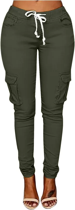 Women's Stretch Skinny Cargo Pants Casual High Waist Drawstring Cargo Joggers Butt Lift Pencil Trousers with Pockets