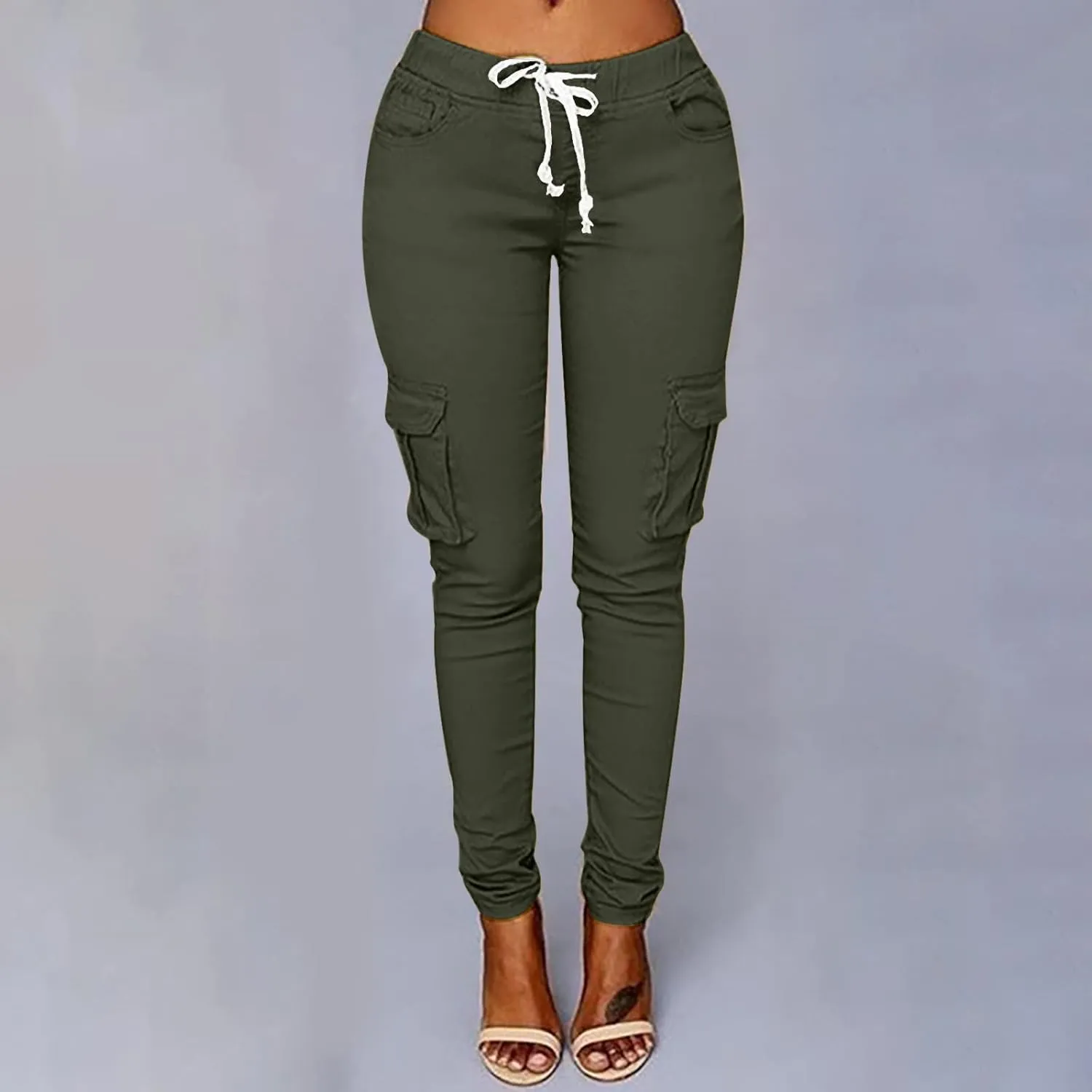 Women's Stretch Skinny Cargo Pants Casual High Waist Drawstring Cargo Joggers Butt Lift Pencil Trousers with Pockets