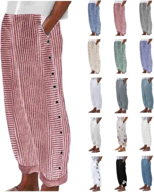 Womens Striped Pants Side Button Elastic Waist Straight Wide Leg Linen Pants Summer Lightweight Baggy Casual Trousers