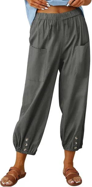 Women's Summer Casual Capri Pants Beach Vacation Lightweight Cotton Linen Pants Cinch Bottom Cropped Trouser