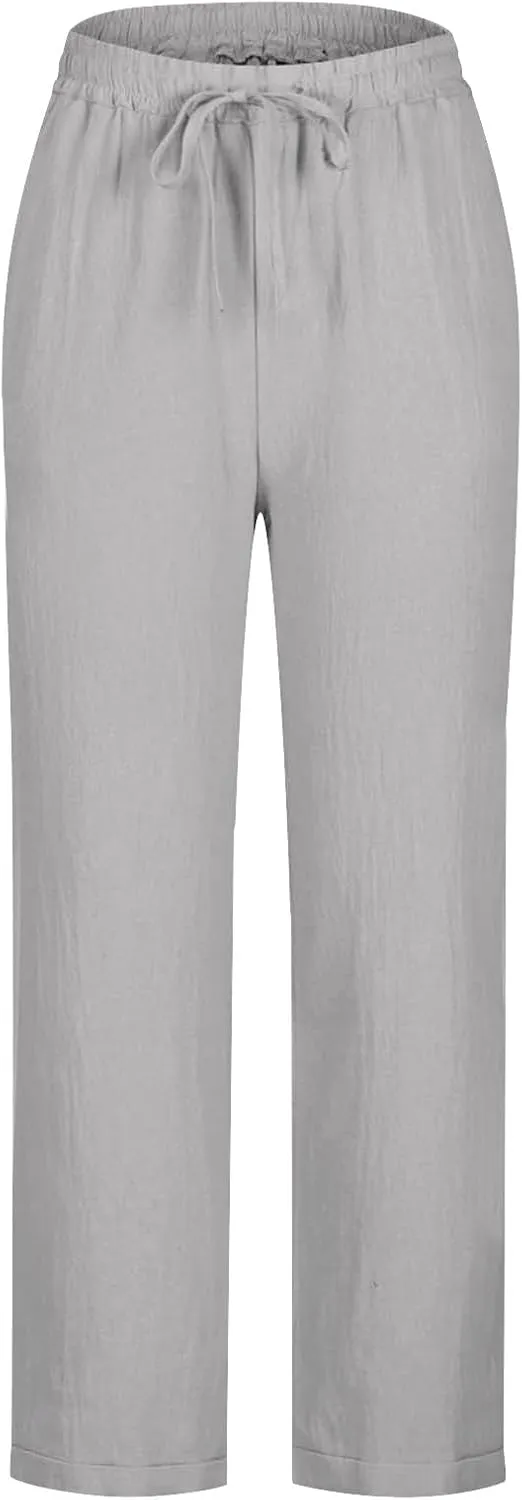 Women's Summer Casual Pants Straight Leg Linen Pants Plus Size Cropped Trousers Drawstring Trouser Travel Outfits