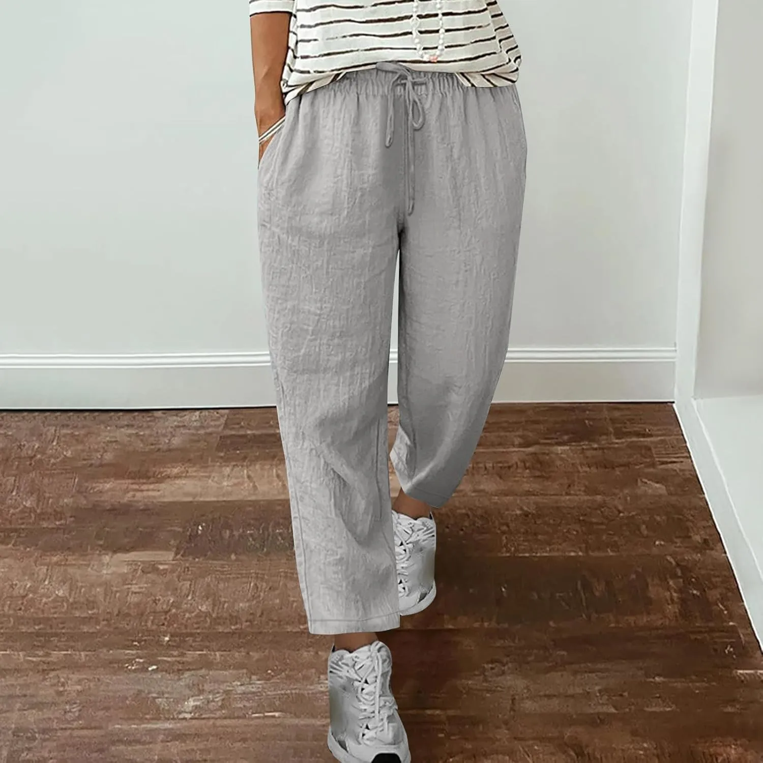 Women's Summer Casual Pants Straight Leg Linen Pants Plus Size Cropped Trousers Drawstring Trouser Travel Outfits