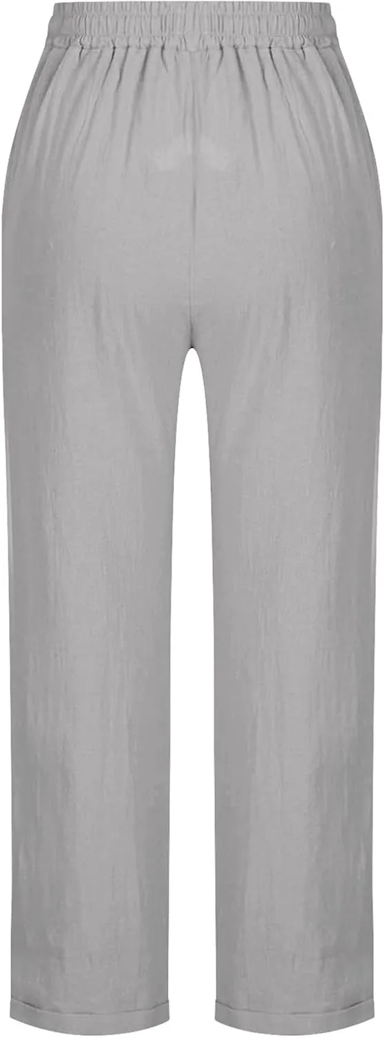 Women's Summer Casual Pants Straight Leg Linen Pants Plus Size Cropped Trousers Drawstring Trouser Travel Outfits