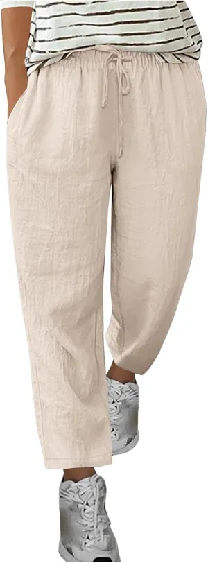Women's Summer Casual Pants Straight Leg Linen Pants Plus Size Cropped Trousers Drawstring Trouser Travel Outfits