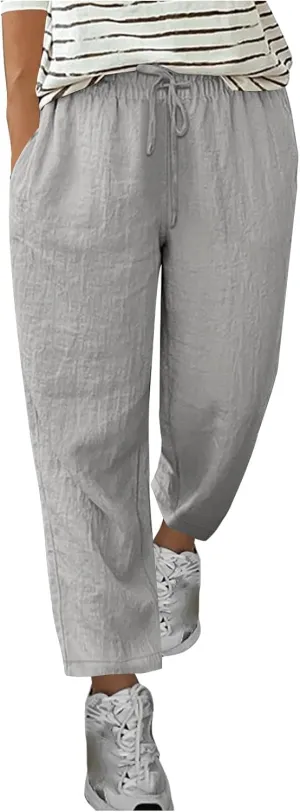 Women's Summer Casual Pants Straight Leg Linen Pants Plus Size Cropped Trousers Drawstring Trouser Travel Outfits
