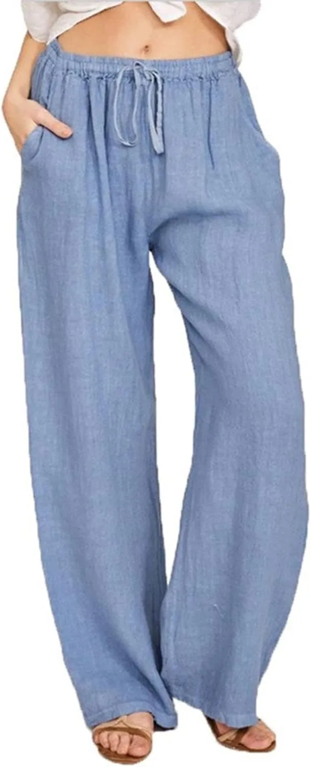 Women's Summer Drawstring Waist Wide Leg Loose Palazzo Pant 2025 Casual Lounge Beach Trendy Pants with Pockets