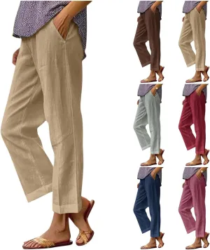 Womens Summer Linen Pants Wide Straight Leg Trousers Lightweight Solid Color Beach Pants with Pockets
