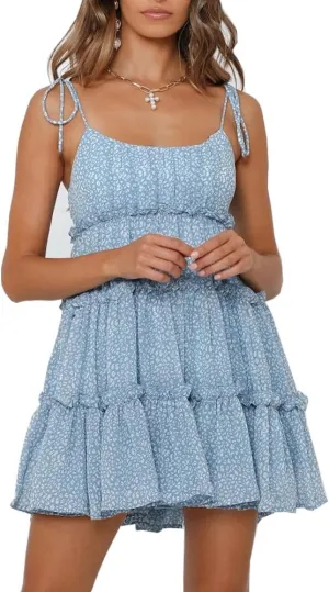 Womens Summer Mini Dress Boho Swing Dresses Spaghetti Strap Floral Short Beach Dress