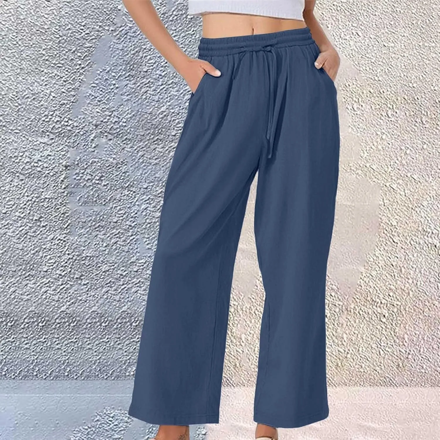 Women's Summer Pants Cotton Linen Drawstring Straight Leg Trousers Summer Lightweight Breahable Joggers Casual Pants