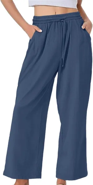 Women's Summer Pants Cotton Linen Drawstring Straight Leg Trousers Summer Lightweight Breahable Joggers Casual Pants