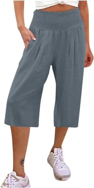 Womens Wide Leg Cropped Pants Loose Fit Smocked Elastic Waist Beach Palazzo Pant Comfy Flowy Solid Summer Trousers