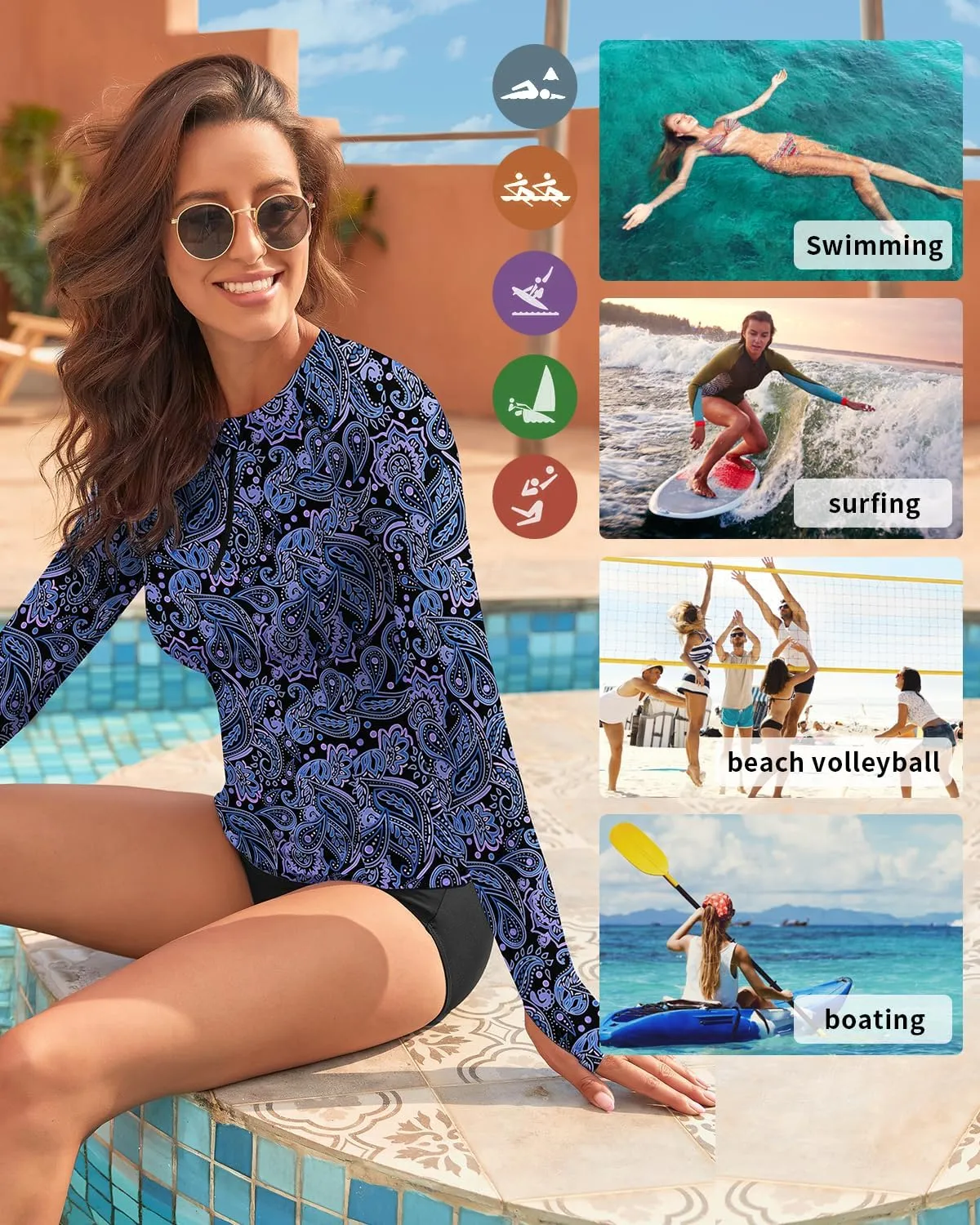WOWENY Women Rash Guard Long Sleeve Swim Shirts UPF 50 Sun Protection Swimsuit Top Bathing Suit No Bottom