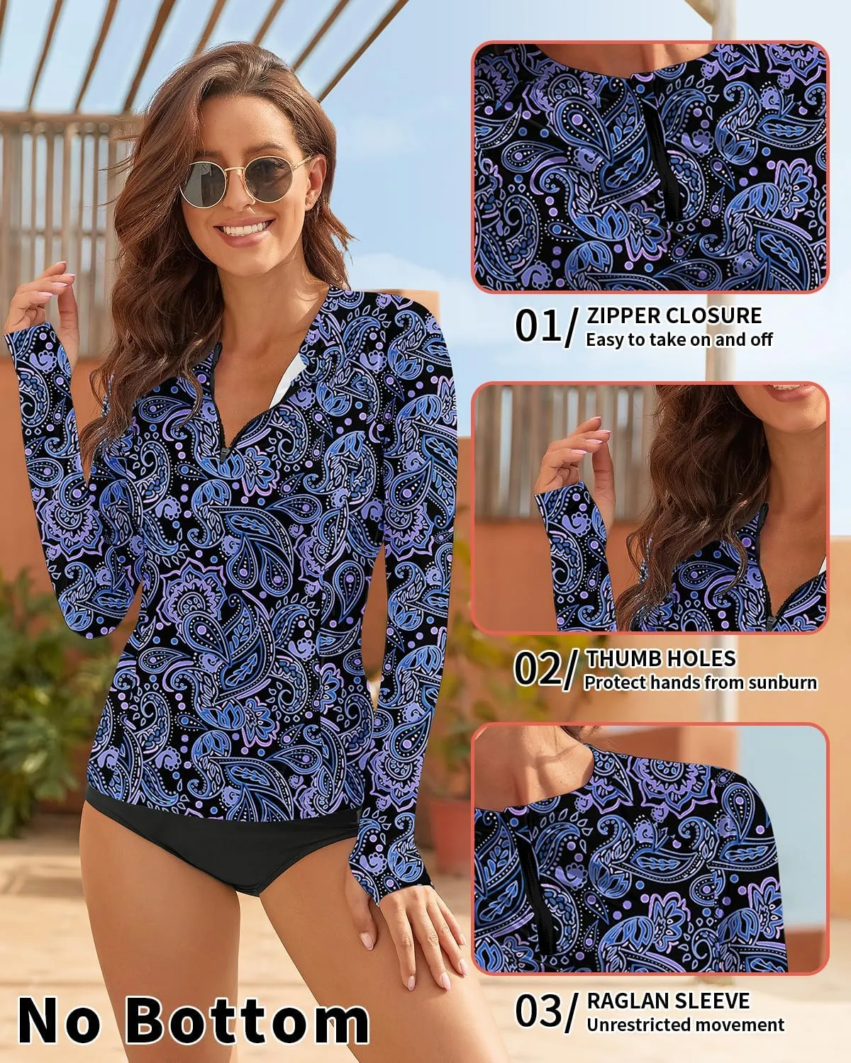 WOWENY Women Rash Guard Long Sleeve Swim Shirts UPF 50 Sun Protection Swimsuit Top Bathing Suit No Bottom