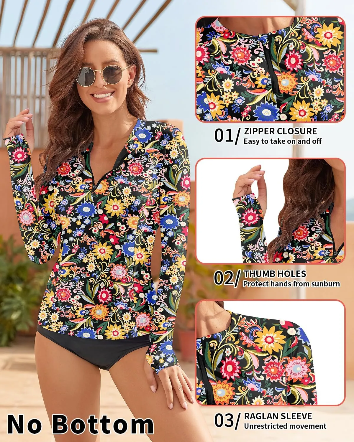 WOWENY Women Rash Guard Long Sleeve Swim Shirts UPF 50 Sun Protection Swimsuit Top Bathing Suit No Bottom