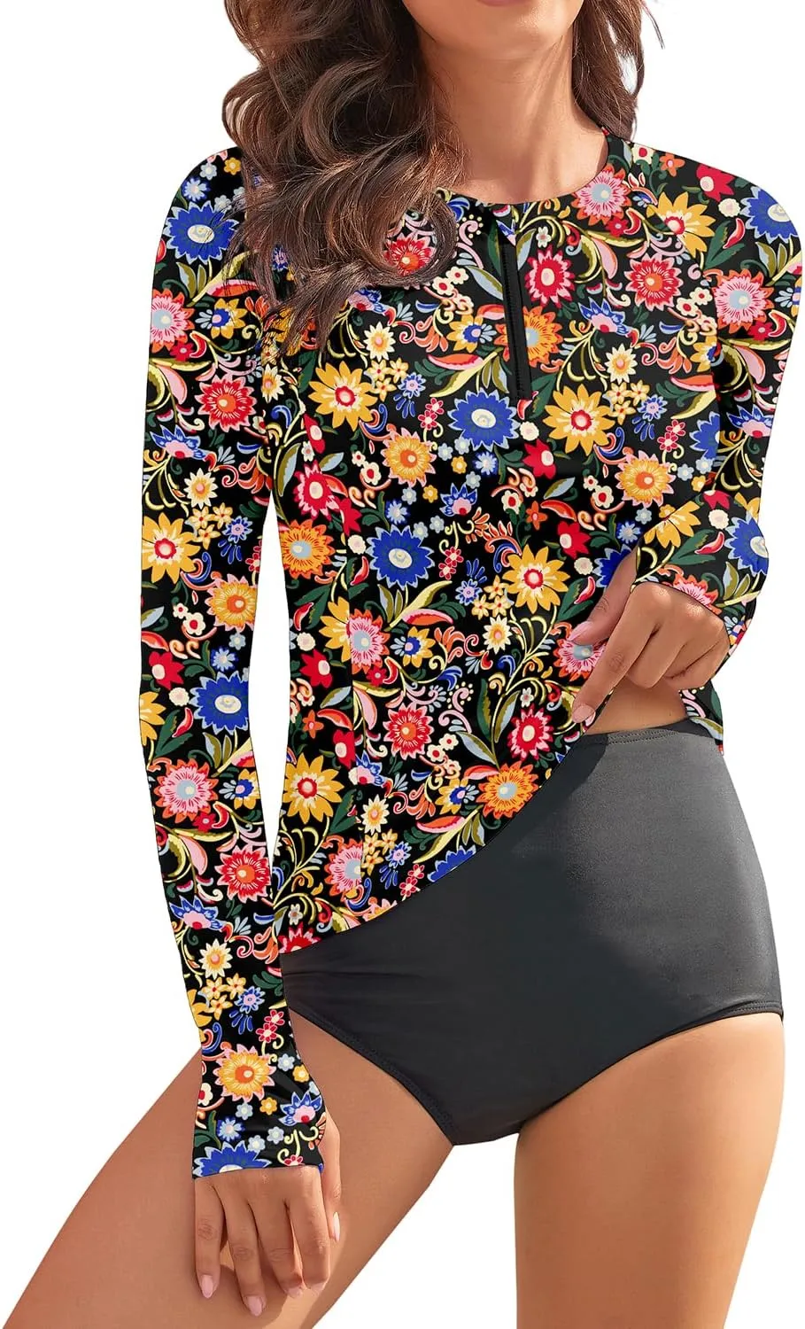 WOWENY Women Rash Guard Long Sleeve Swim Shirts UPF 50 Sun Protection Swimsuit Top Bathing Suit No Bottom