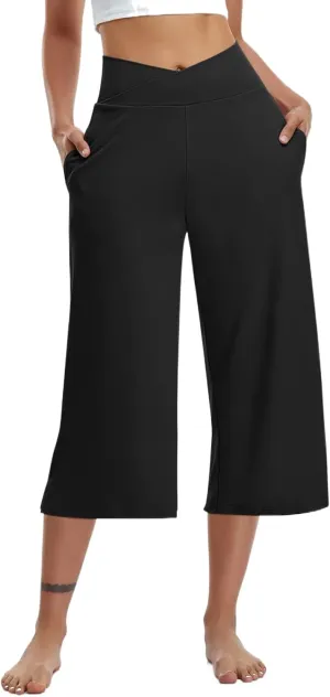 Yoga Pants for Women Fashion Crossover High Waist Capri Pants Lounge Wide Leg Cropped Pant Tummy Control Workout Trouser
