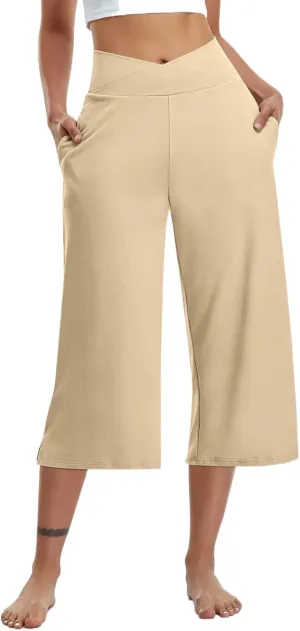 Yoga Pants for Women Fashion Crossover High Waist Capri Pants Lounge Wide Leg Cropped Pant Tummy Control Workout Trouser