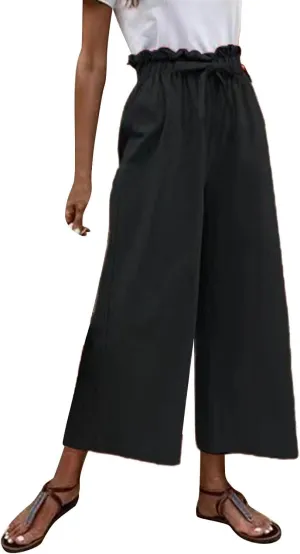 YOLAI Womens Cotton Linen Casual Pant High Waist Ruffle Loose Fit Casual Trousers Summer Lightweight Wide Leg Trousers