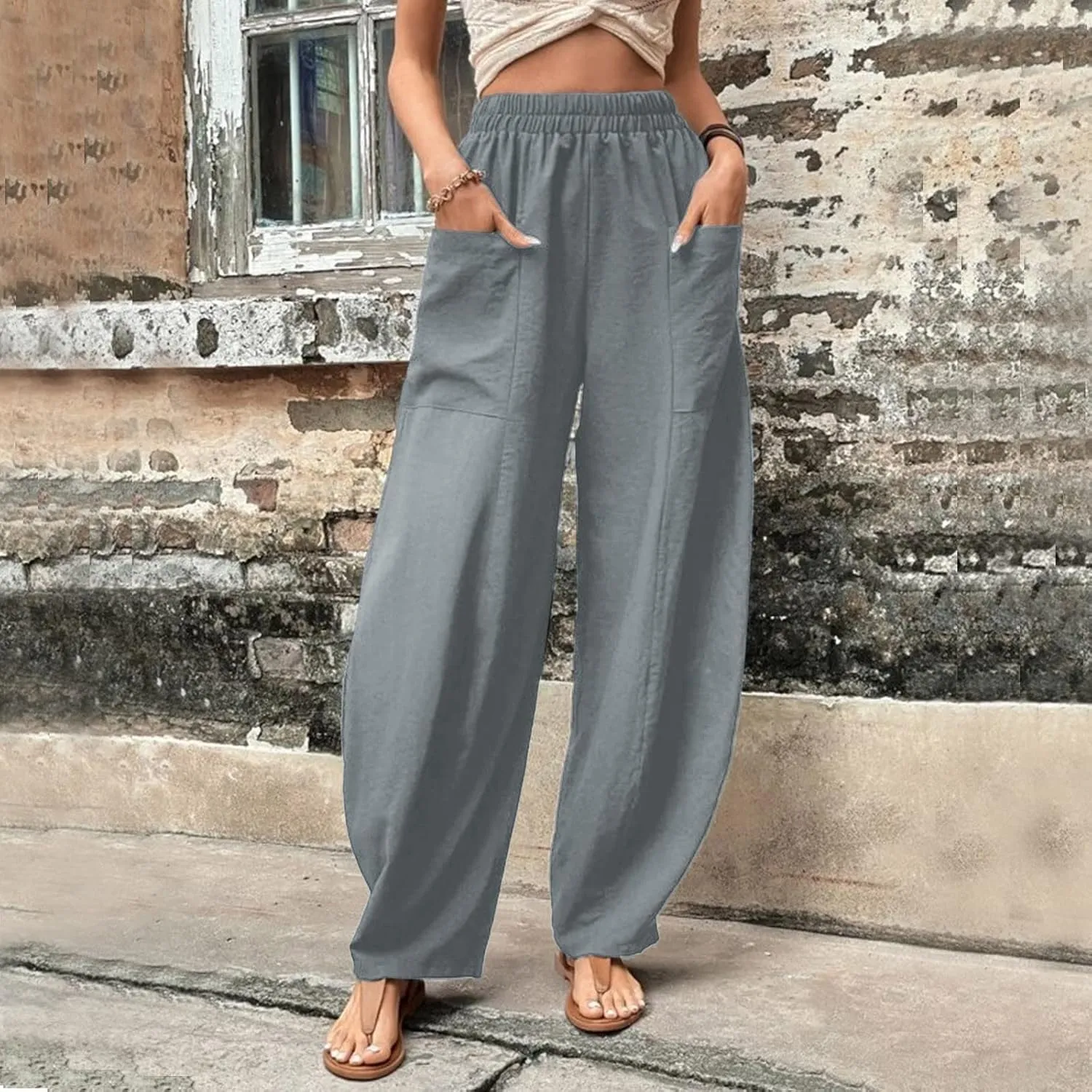 YOLAI Womens Cotton Linen Tapered Pant Elastic Waist Solid Color Harem Pant Summer Lightweight Wide Leg Trousers