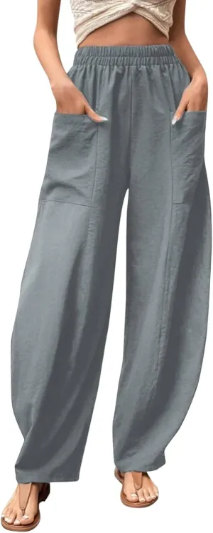 YOLAI Womens Cotton Linen Tapered Pant Elastic Waist Solid Color Harem Pant Summer Lightweight Wide Leg Trousers