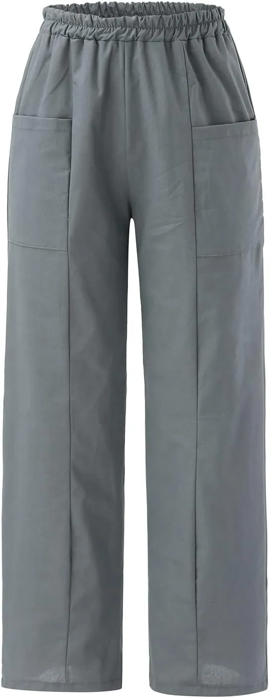 YOLAI Womens Cotton Linen Tapered Pant Elastic Waist Solid Color Harem Pant Summer Lightweight Wide Leg Trousers