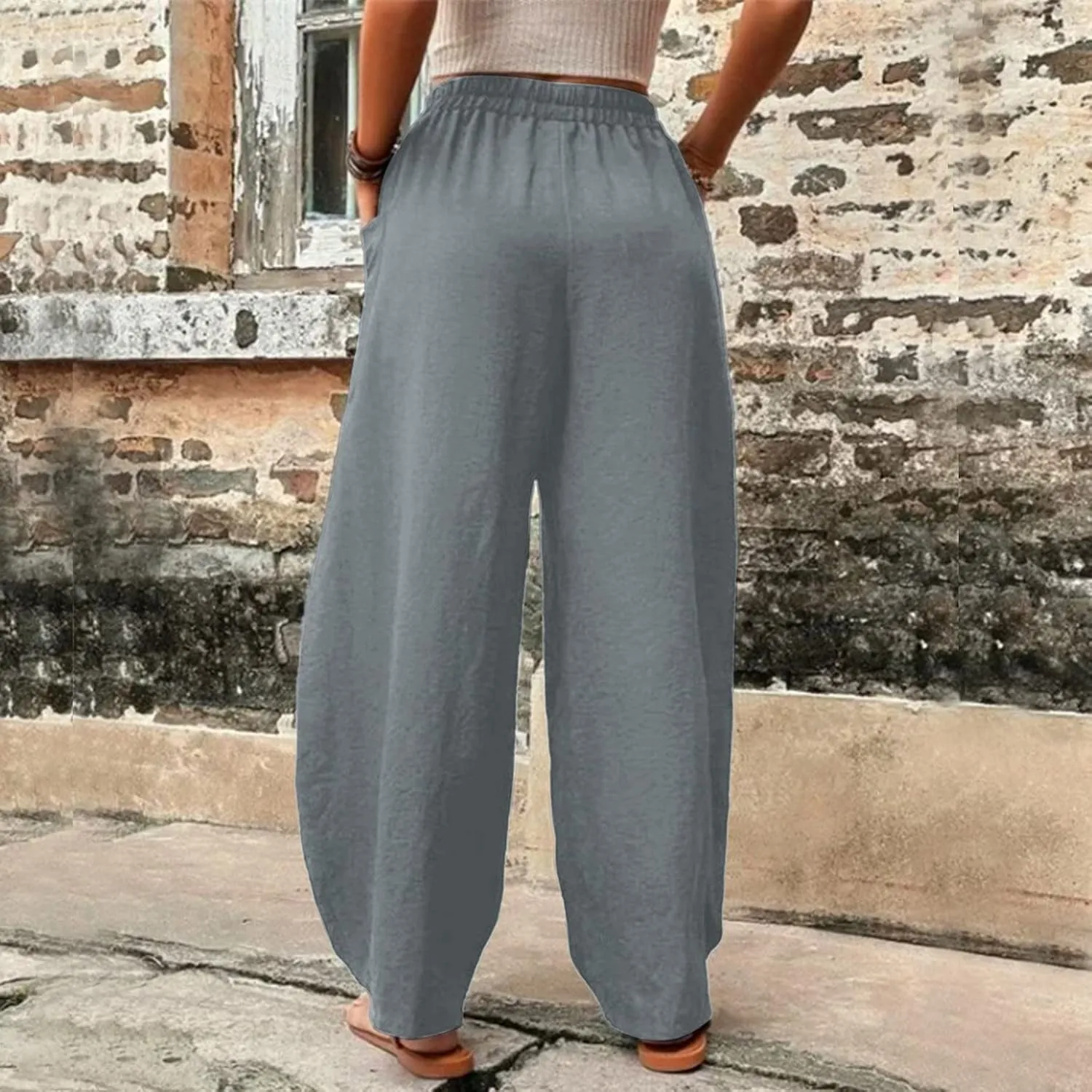 YOLAI Womens Cotton Linen Tapered Pant Elastic Waist Solid Color Harem Pant Summer Lightweight Wide Leg Trousers