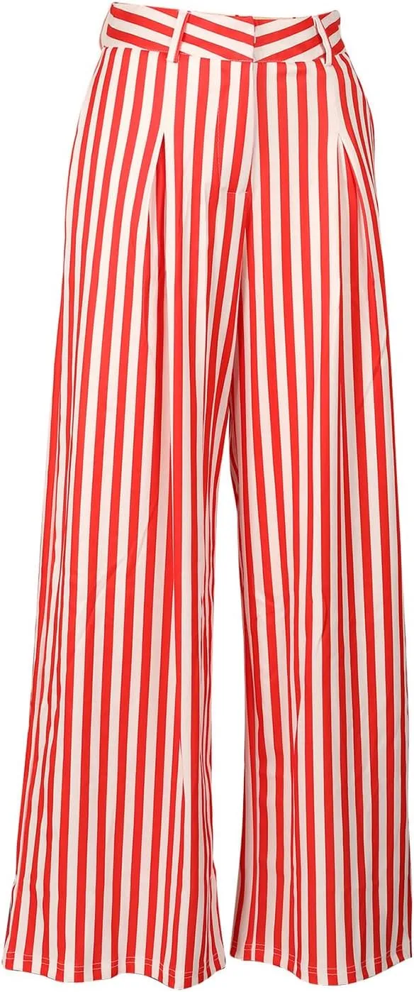 Yuopeid Women's High Waist Zip Up Long Pants with Pockets Fashion Striped Printed Wide Leg Pants Casual Trousers
