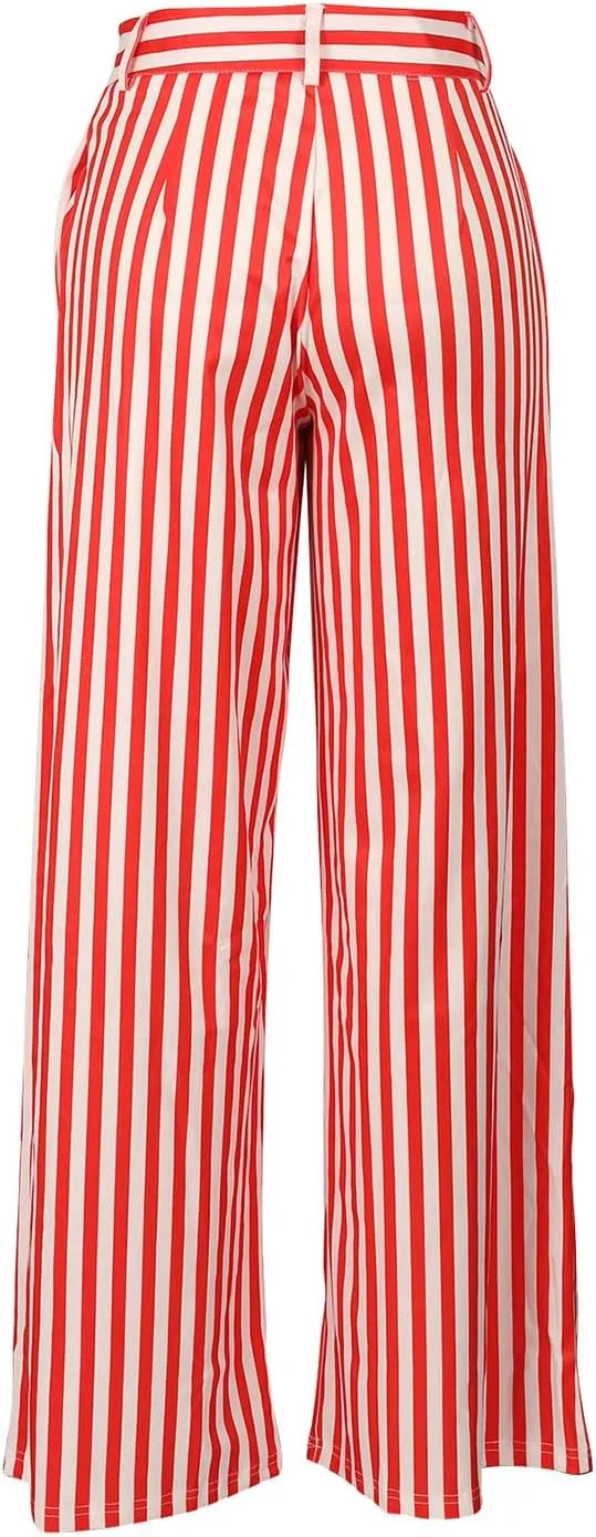 Yuopeid Women's High Waist Zip Up Long Pants with Pockets Fashion Striped Printed Wide Leg Pants Casual Trousers