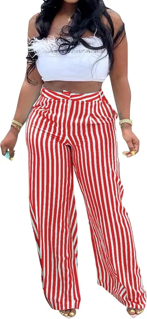 Yuopeid Women's High Waist Zip Up Long Pants with Pockets Fashion Striped Printed Wide Leg Pants Casual Trousers