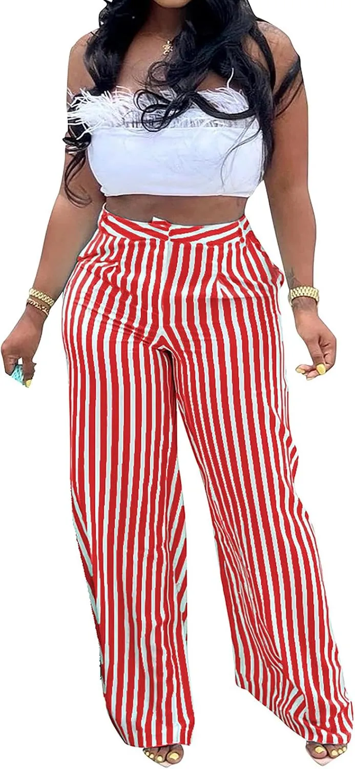 Yuopeid Women's High Waist Zip Up Long Pants with Pockets Fashion Striped Printed Wide Leg Pants Casual Trousers