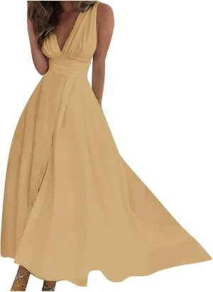 ZOCANIA Women Boho Maxi Dress Deep V Neck Sleeveless Waist Swing Dress Casual Summer Beach Sundress Vacation Flowy Tank Dress