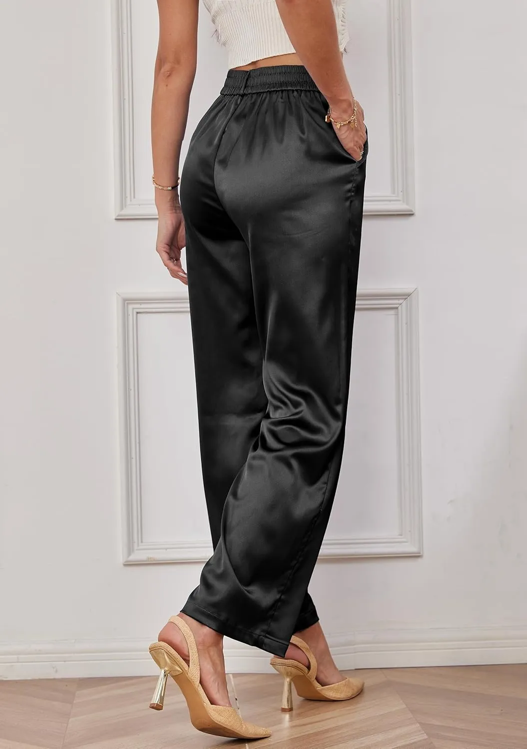zsangbee Women's Satin Wide Leg Pants High Waisted Work Pants Party Dress Trouser Casual Slacks