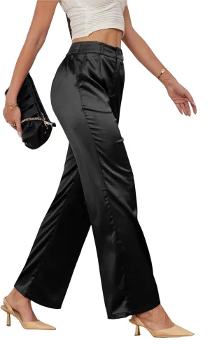 zsangbee Women's Satin Wide Leg Pants High Waisted Work Pants Party Dress Trouser Casual Slacks