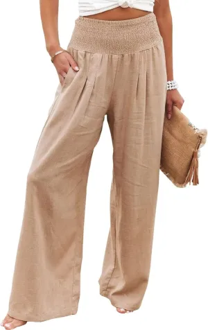 ZWRXW Summer Pants for Women 2024 Linen Palazzo Pants Summer Boho Wide Leg High Waist Pant Flowy Beach Casual Lounge Trousers