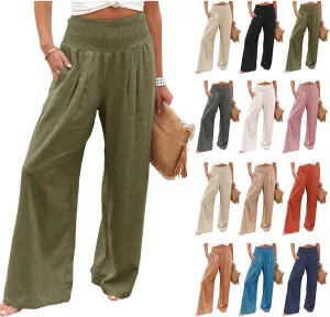 ZWRXW Summer Pants for Women 2024 Linen Palazzo Pants Summer Boho Wide Leg High Waist Pant Flowy Beach Casual Lounge Trousers