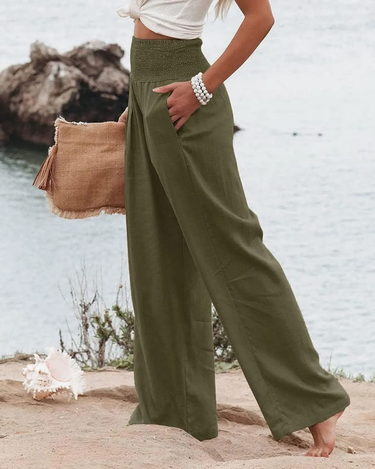 ZWRXW Summer Pants for Women 2024 Linen Palazzo Pants Summer Boho Wide Leg High Waist Pant Flowy Beach Casual Lounge Trousers