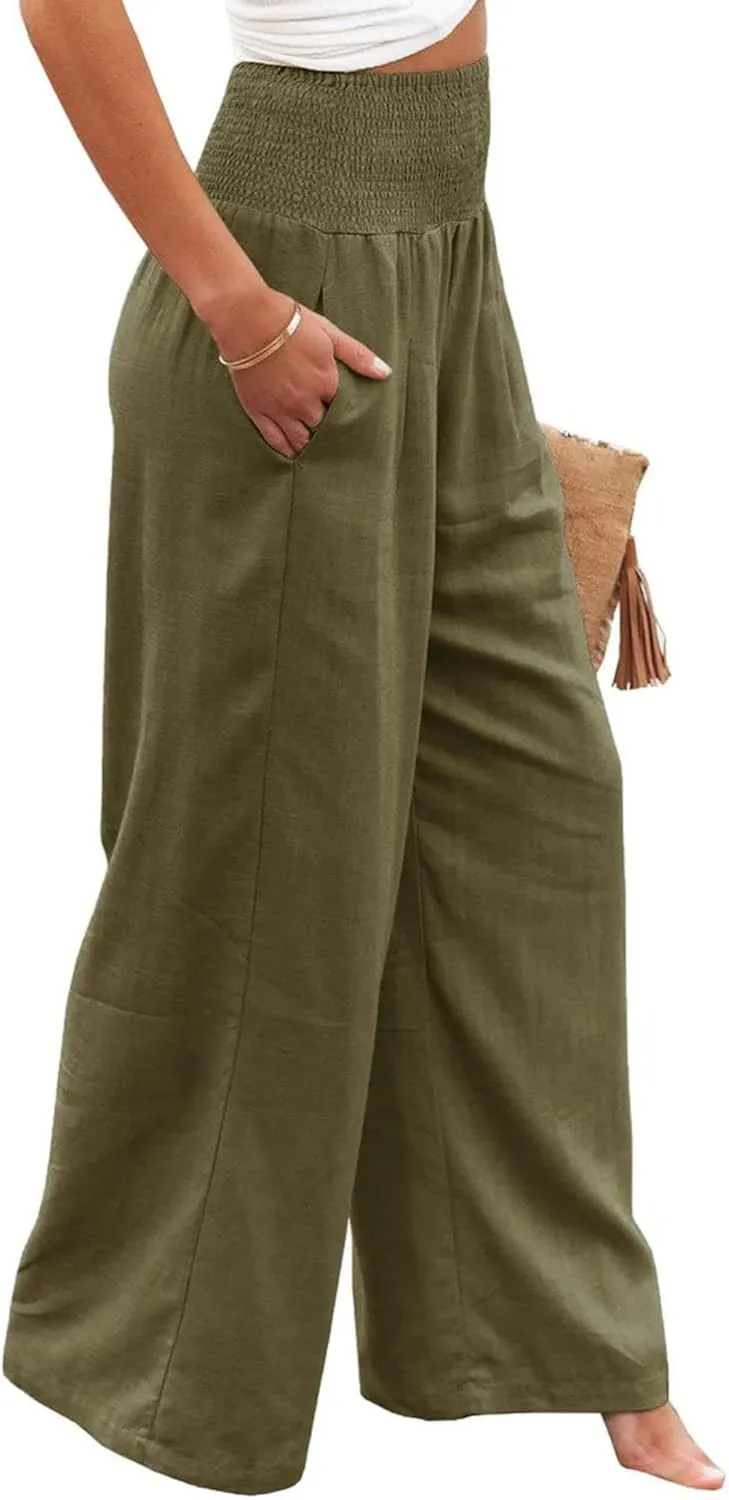 ZWRXW Summer Pants for Women 2024 Linen Palazzo Pants Summer Boho Wide Leg High Waist Pant Flowy Beach Casual Lounge Trousers