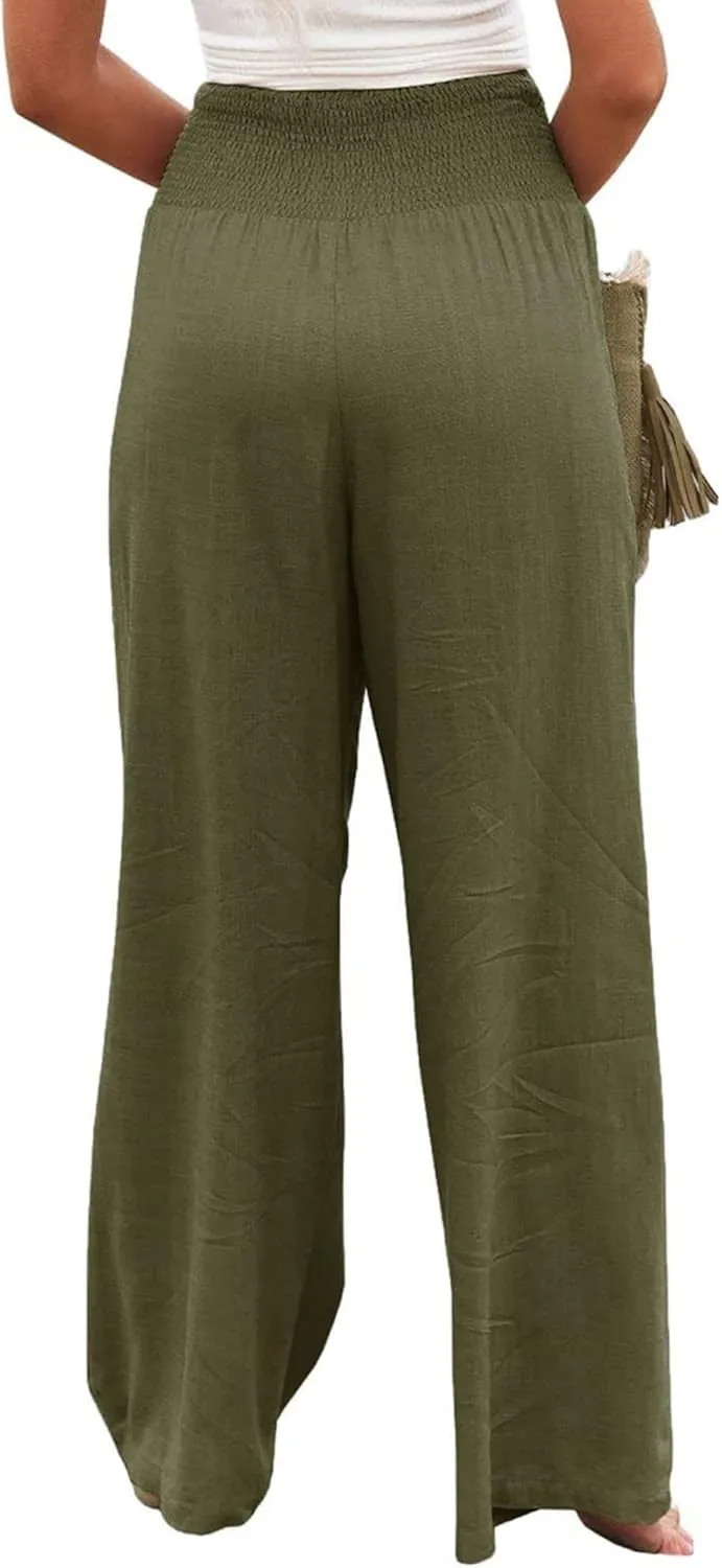ZWRXW Summer Pants for Women 2024 Linen Palazzo Pants Summer Boho Wide Leg High Waist Pant Flowy Beach Casual Lounge Trousers