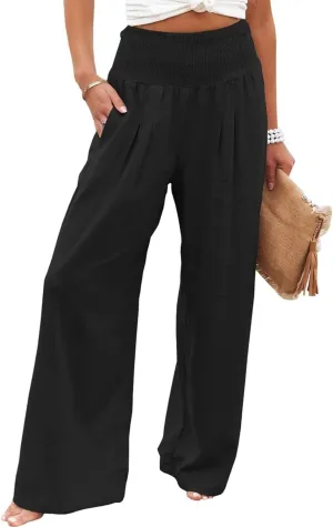 ZWRXW Summer Pants for Women 2024 Linen Palazzo Pants Summer Boho Wide Leg High Waist Pant Flowy Beach Casual Lounge Trousers