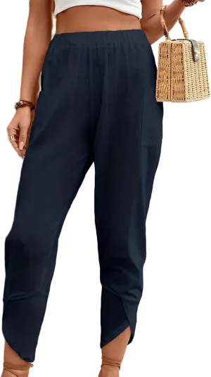 ZWRXW Womens Linen Pants Casual Loose Wide Leg Lounge Pants Elastic High Waist Beach Trousers Ankle Length Pants with Pockets