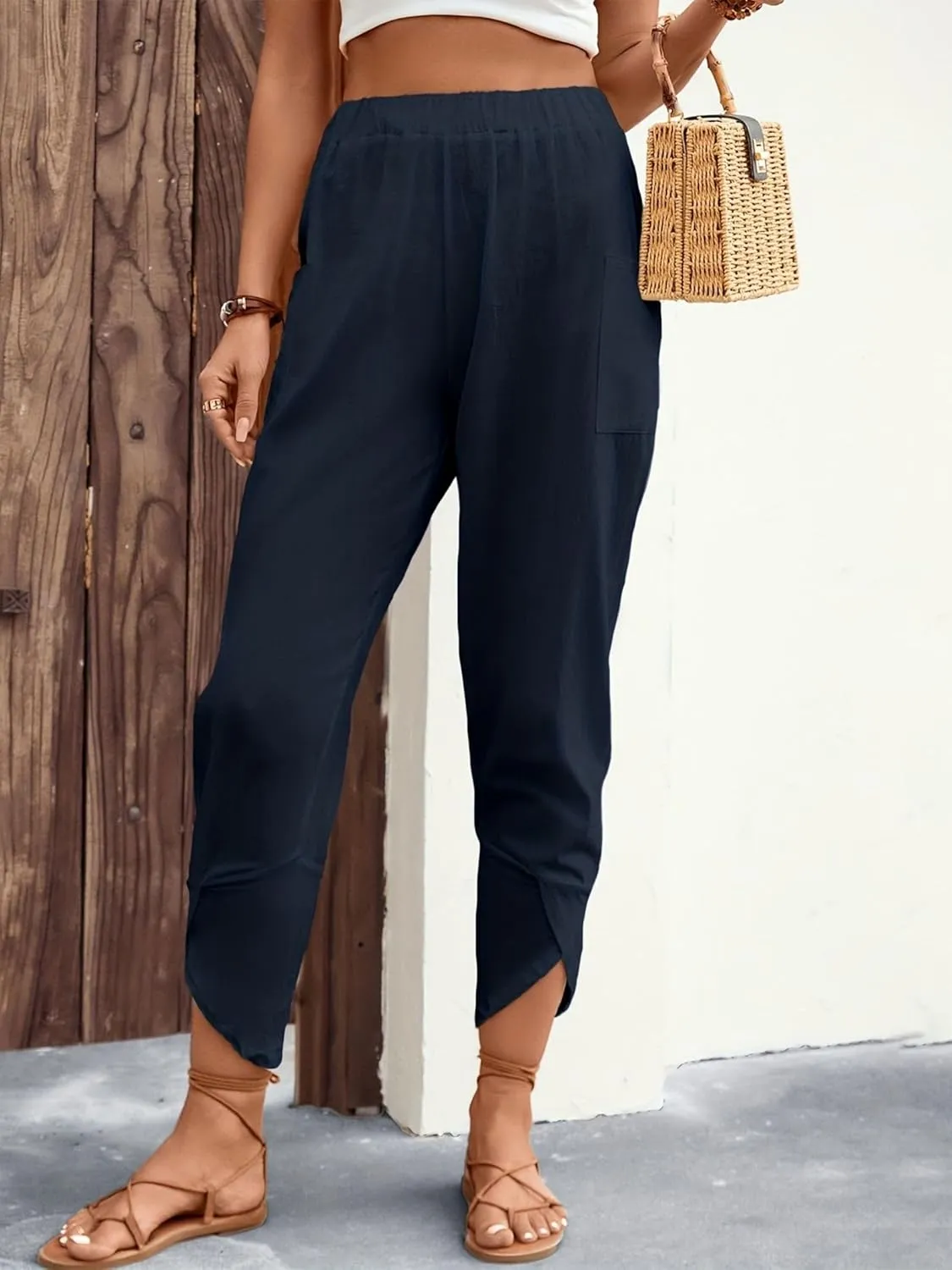 ZWRXW Womens Linen Pants Casual Loose Wide Leg Lounge Pants Elastic High Waist Beach Trousers Ankle Length Pants with Pockets
