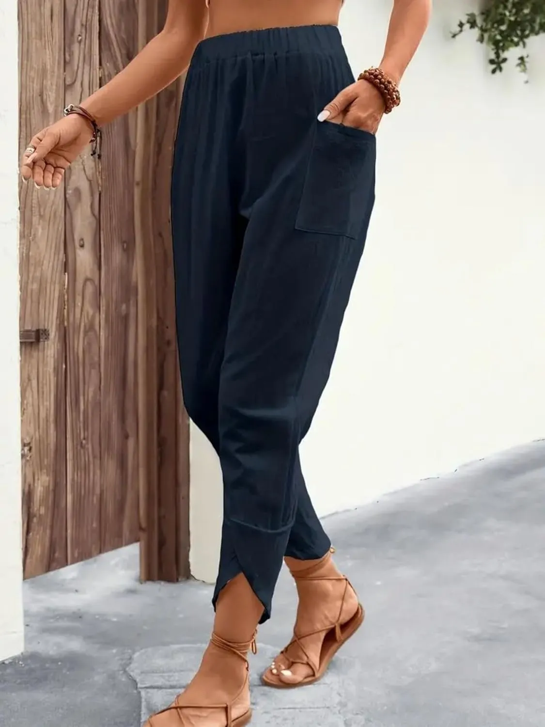 ZWRXW Womens Linen Pants Casual Loose Wide Leg Lounge Pants Elastic High Waist Beach Trousers Ankle Length Pants with Pockets